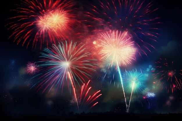 Fireworks in the night sky with a green background