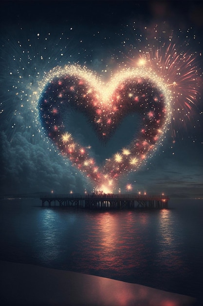 Fireworks in the shape of a heart over a body of water generative ai