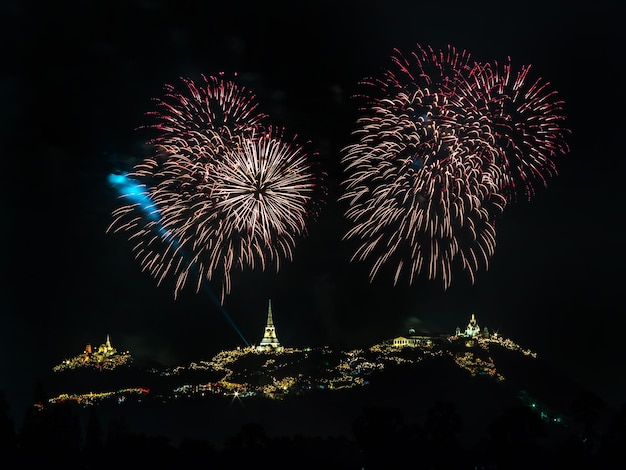 Fireworks show at dark night at Phra Nakorn Kiri Khao Wang in Petchaburi Thailand