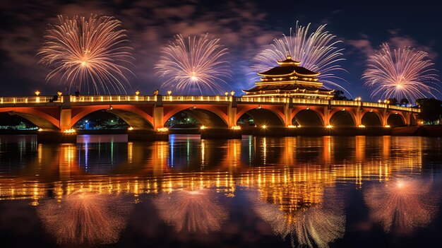 fireworks show with skyline over the city generative AI