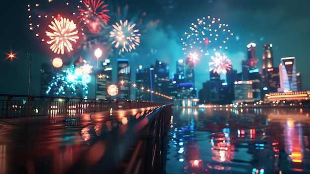 fireworks in the sky over a city with a city in the background