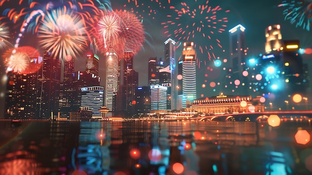 fireworks in the sky over a city with a city in the background