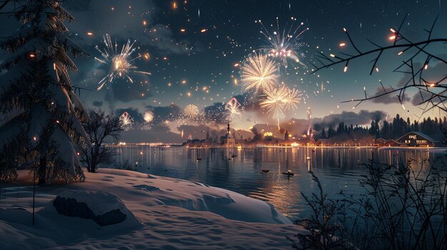 Photo fireworks in the sky above a lake with a lake and trees in the background