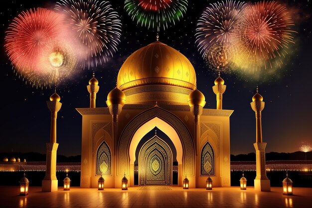 Fireworks in the sky over a mosque