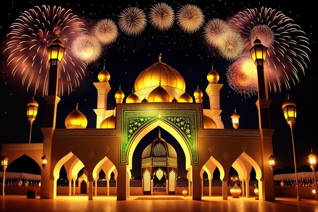 Fireworks in the sky over a mosque