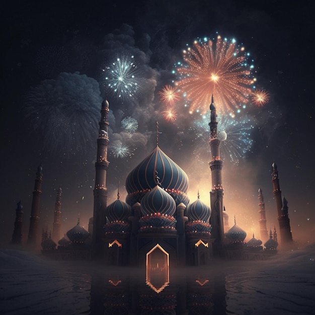 Fireworks in the sky and a mosque