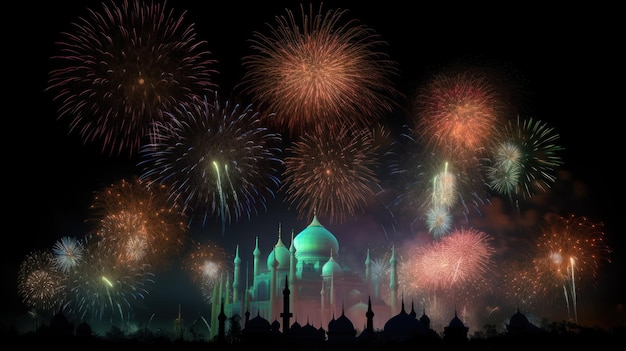 Fireworks in the sky over a mosque