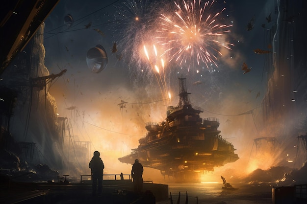 Fireworks in the sky over a ship