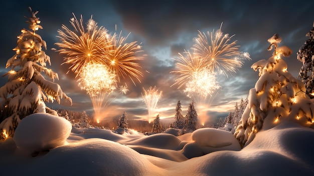 fireworks in the sky above a snowy landscape