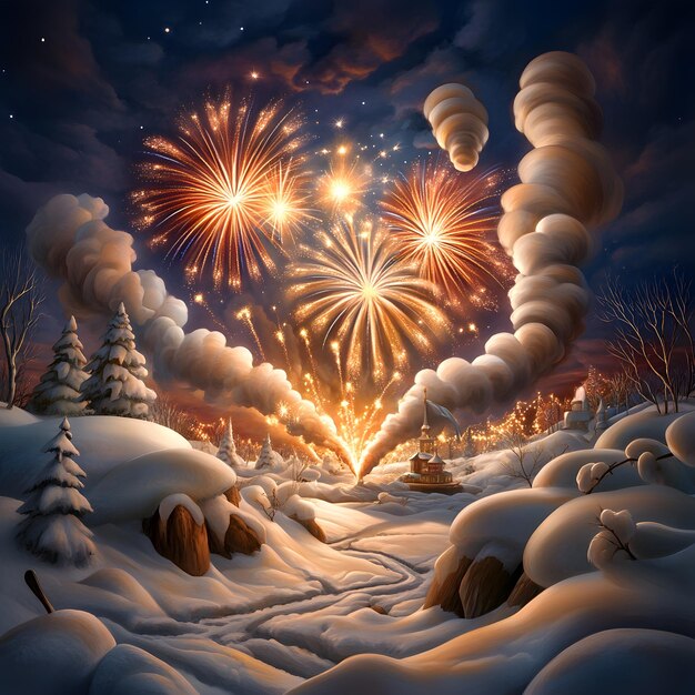 fireworks in the sky above a snowy landscape