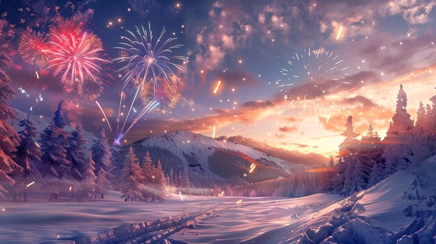 Photo fireworks in the sky over a snowy landscape