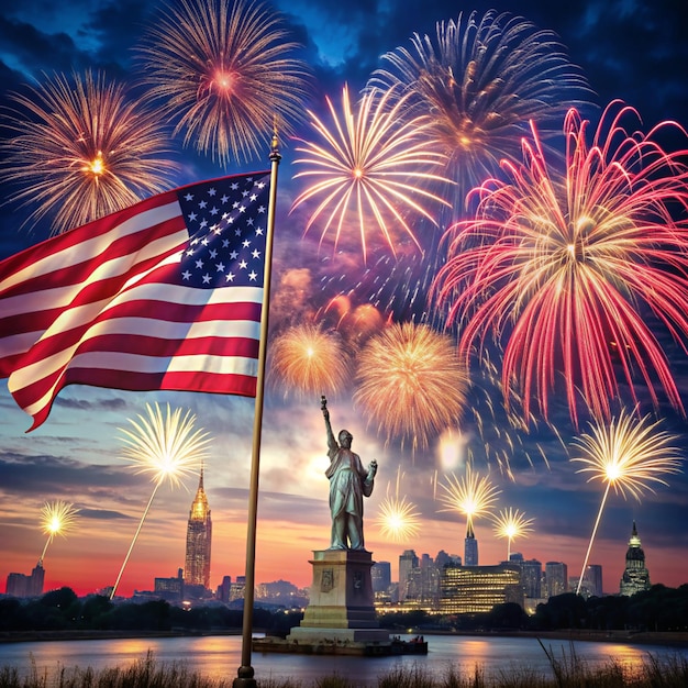 fireworks in the sky over a statue of liberty and statue of liberty