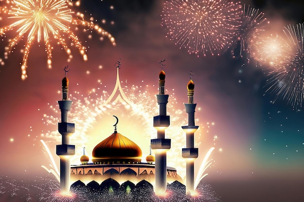 Fireworks in the sky with a mosque and a dome