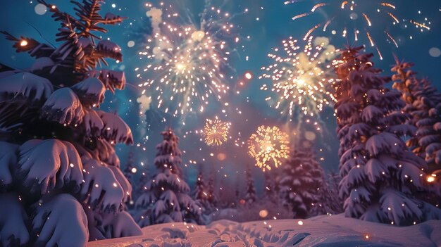 Photo fireworks in the sky with trees and snow on the ground