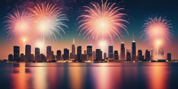 Photo fireworks over the skyline with a city in the background