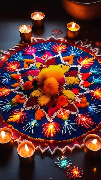 Photo fireworks stars and diyas in festive colors