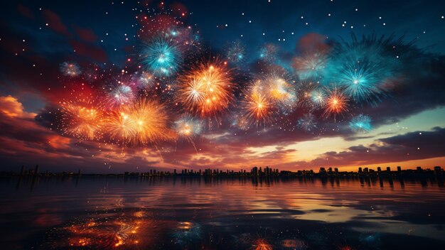 Fireworks of various colors bursting against a sky