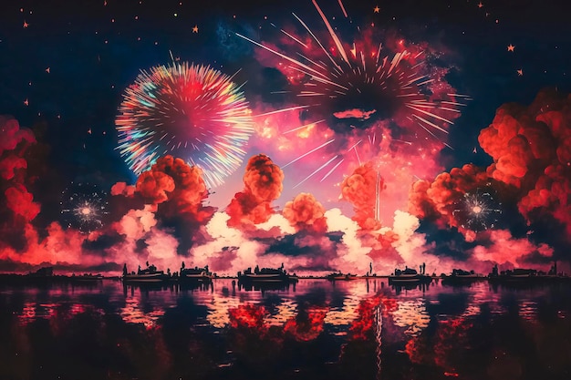 Fireworks over the water with a colorful sky in the background