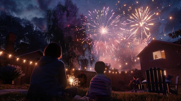 fireworks with people watching and a house in the background