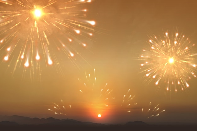 Fireworks with sunset sky