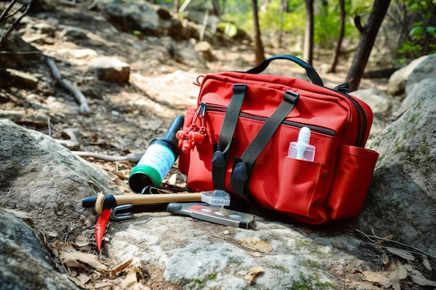 First aid backpack on a rock on a mountain trail Ai generated