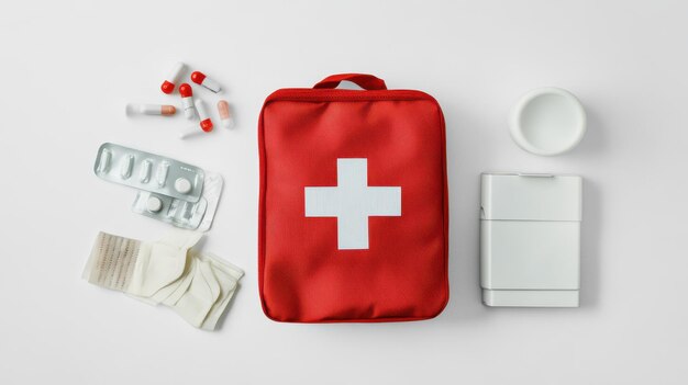 Photo a first aid kit accompanied by various medical supplies and bandages on a white surface