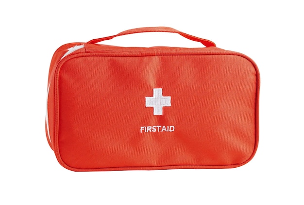 First Aid Kit Bag red color with drug isolated on white background with clipping path health care