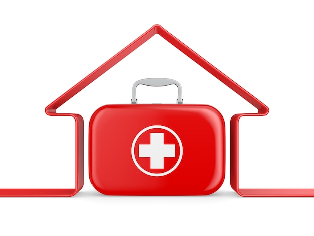 First aid kit and house on white background Isolated 3d illustration