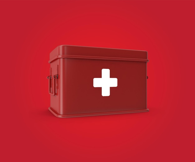 First aid kit isolated on red Background, medical paramedic survival first aid kit bag, CPR