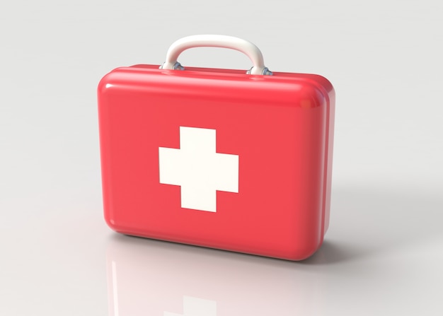 First aid kit in red and white with cross