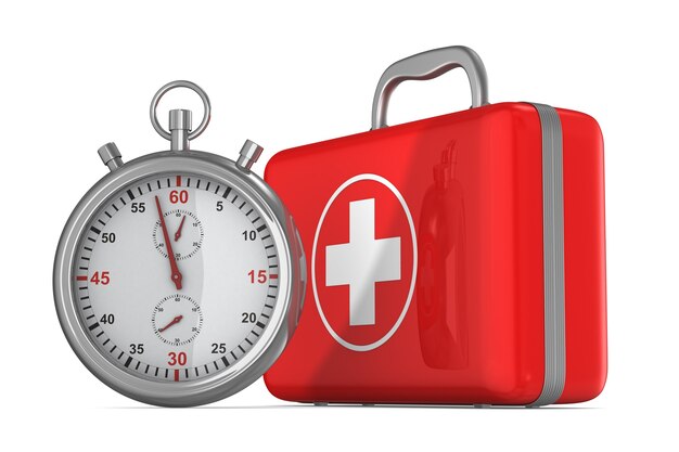 First aid kit and stopwatch on white background. 