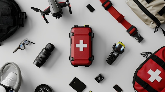 Photo first aid kit surrounded by photographer equipment lying on white table