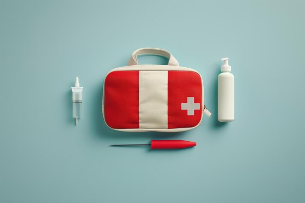 Photo first aid kit with medical supplies on blue background