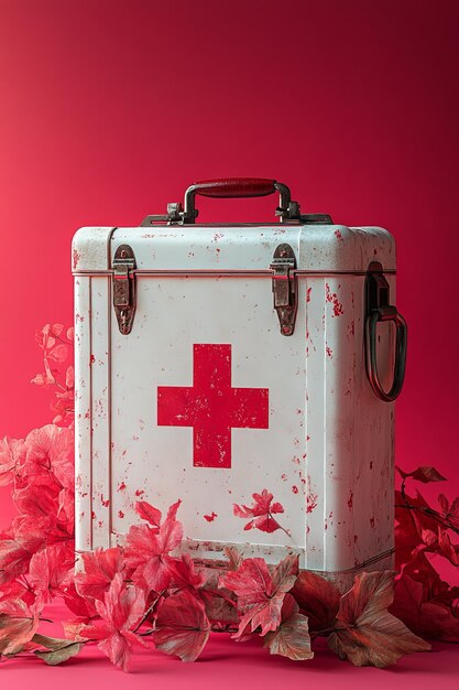 Photo a first aid kit with the red cross symbol prominently displayed isolated on a pastel coral background