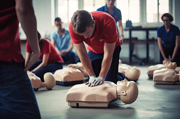 First aid training Unrecognizable male paramedic giving first aid to injured man during training