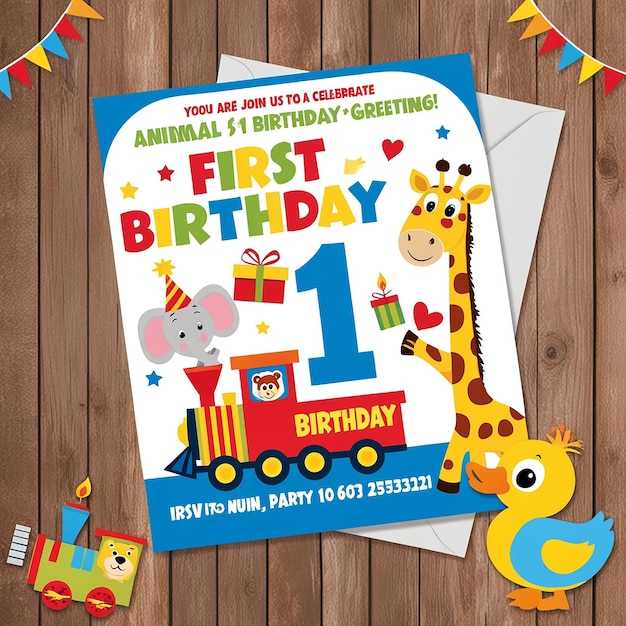 Photo first birthday animal train greeting