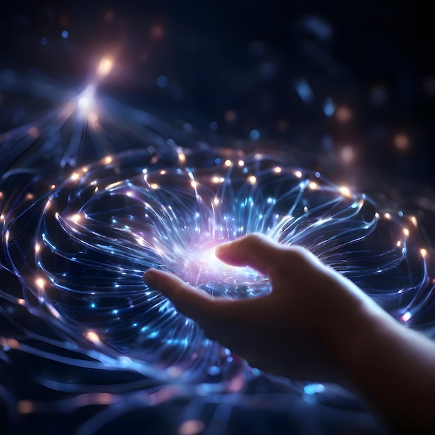 First contact with hand touching spinning vortex of light particles neuronal network concept