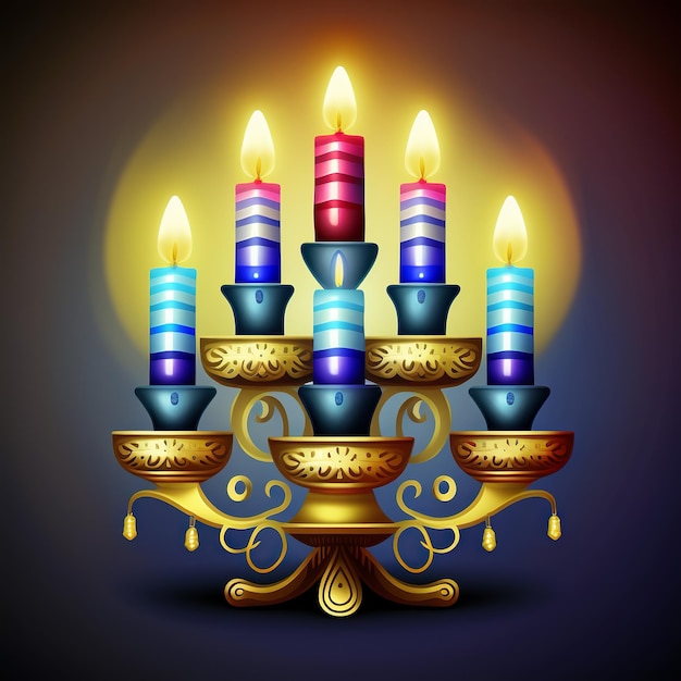 First day of Hanukkah with burning Hanukkah colorful candles in Menorah Generative Ai