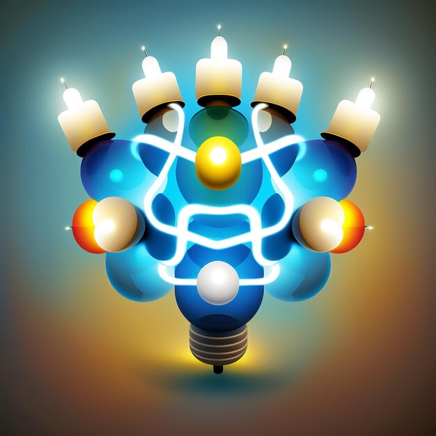 First day of Hanukkah with burning Hanukkah colorful candles in Menorah Generative Ai