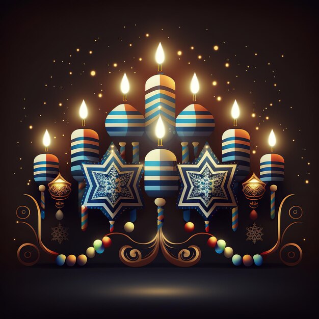 First day of Hanukkah with burning Hanukkah colorful candles in Menorah Generative Ai