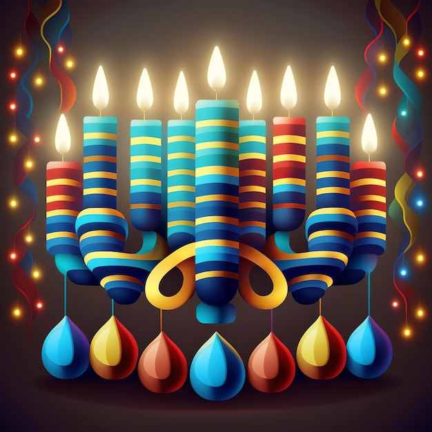 First day of Hanukkah with burning Hanukkah colorful candles in Menorah Generative Ai