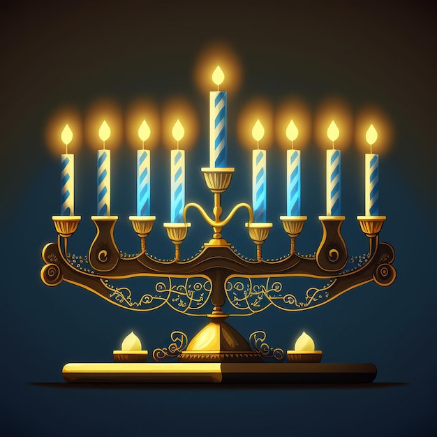 First day of Hanukkah with burning Hanukkah colorful candles in Menorah Generative Ai