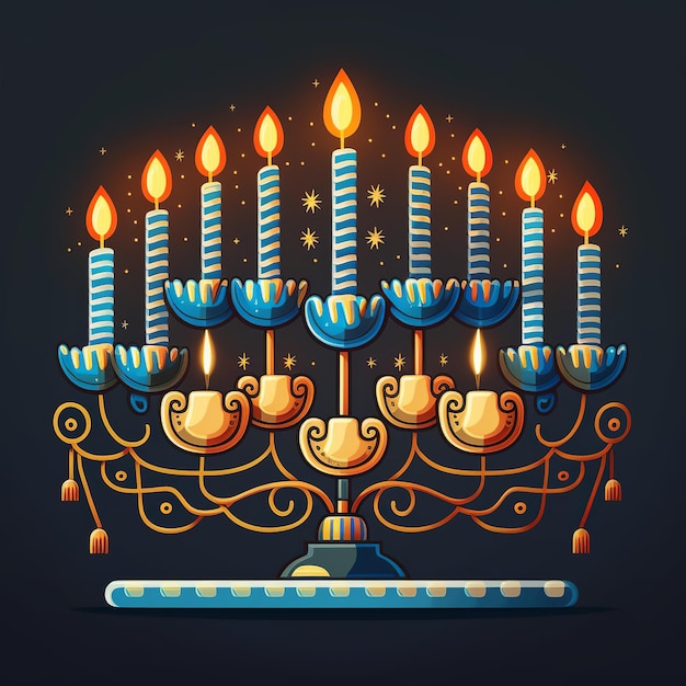 First day of Hanukkah with burning Hanukkah colorful candles in Menorah Generative Ai