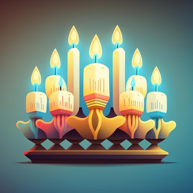 First day of Hanukkah with burning Hanukkah colorful candles in Menorah Generative Ai