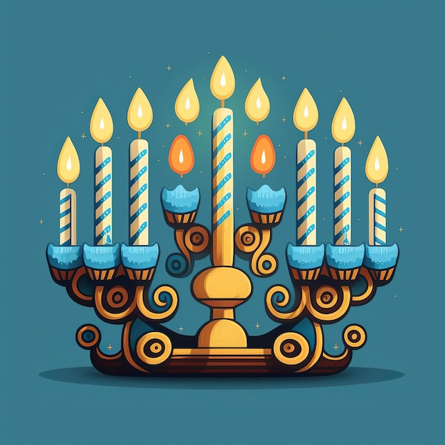 First day of Hanukkah with burning Hanukkah colorful candles in Menorah Generative Ai