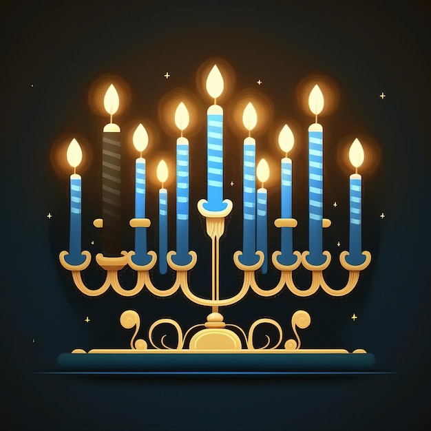 First day of Hanukkah with burning Hanukkah colorful candles in Menorah Generative Ai