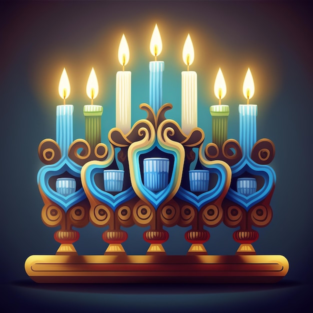 First day of Hanukkah with burning Hanukkah colorful candles in Menorah Generative Ai