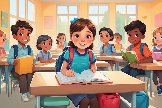 First Day of School Illustration Cute Childrens Book Style