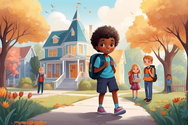 First Day of School Illustration Cute Childrens Book Style