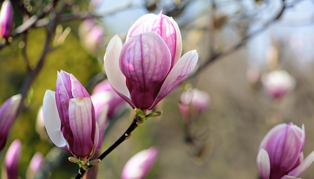 Photo the first flowers of magnolia in early spring with copy space